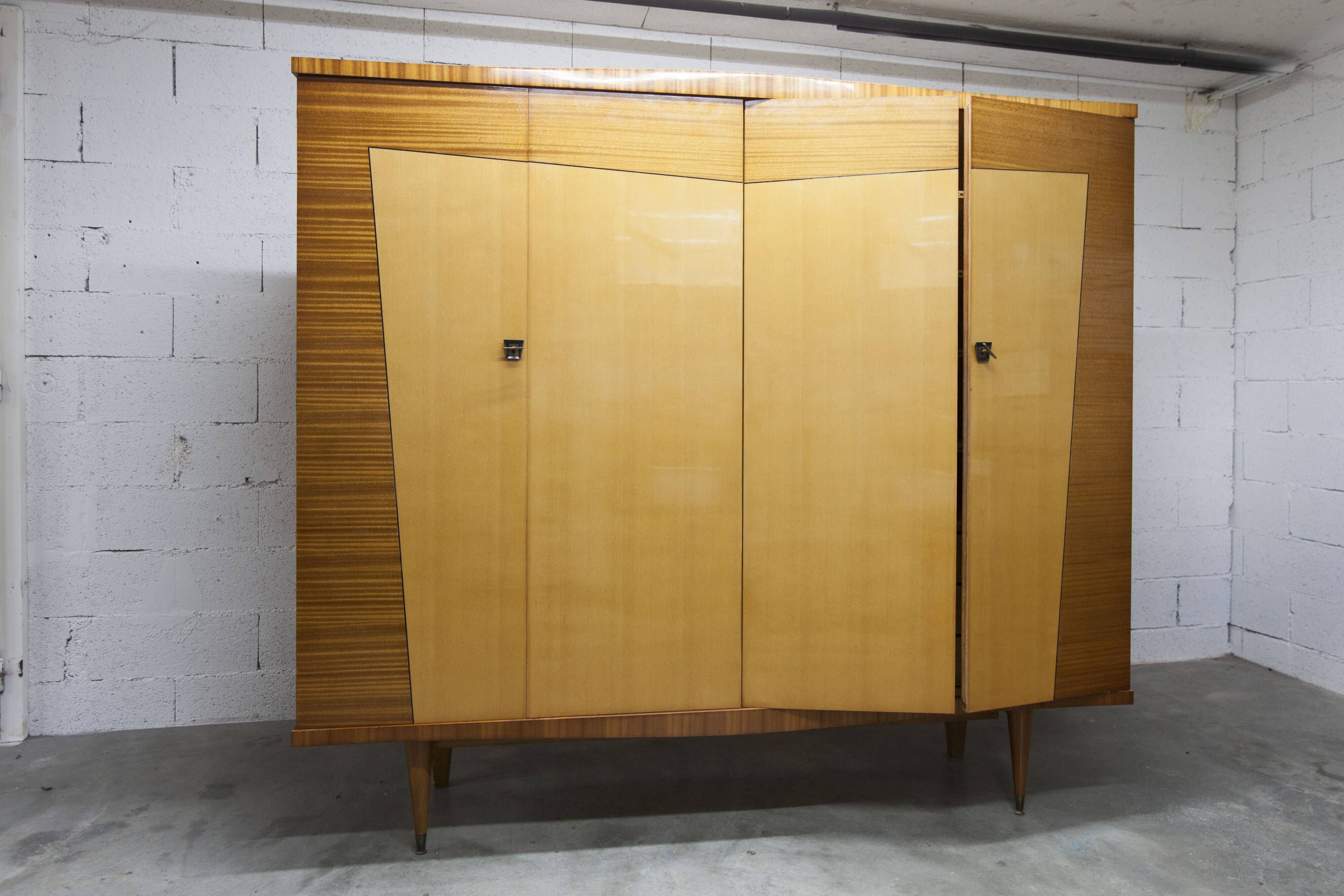 1960 Scandinavian wardrobe, atypical blond wood varnished, 4 doors 3