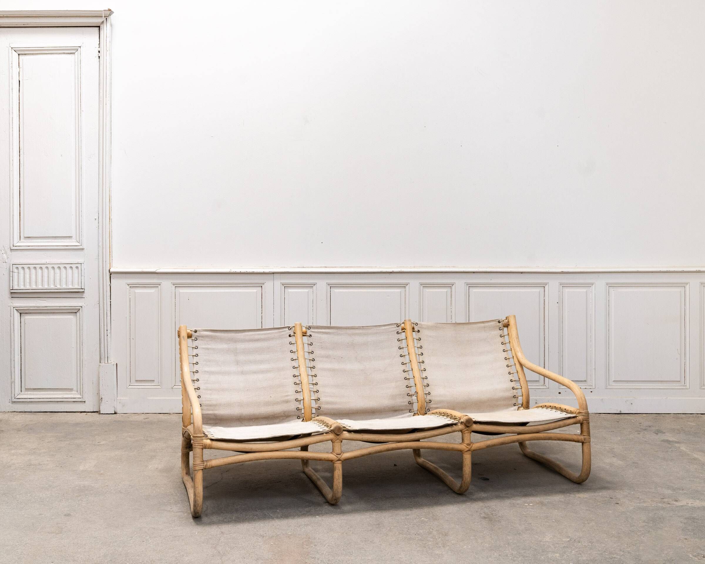 3-seater bench in rattan and thick cotton canvas