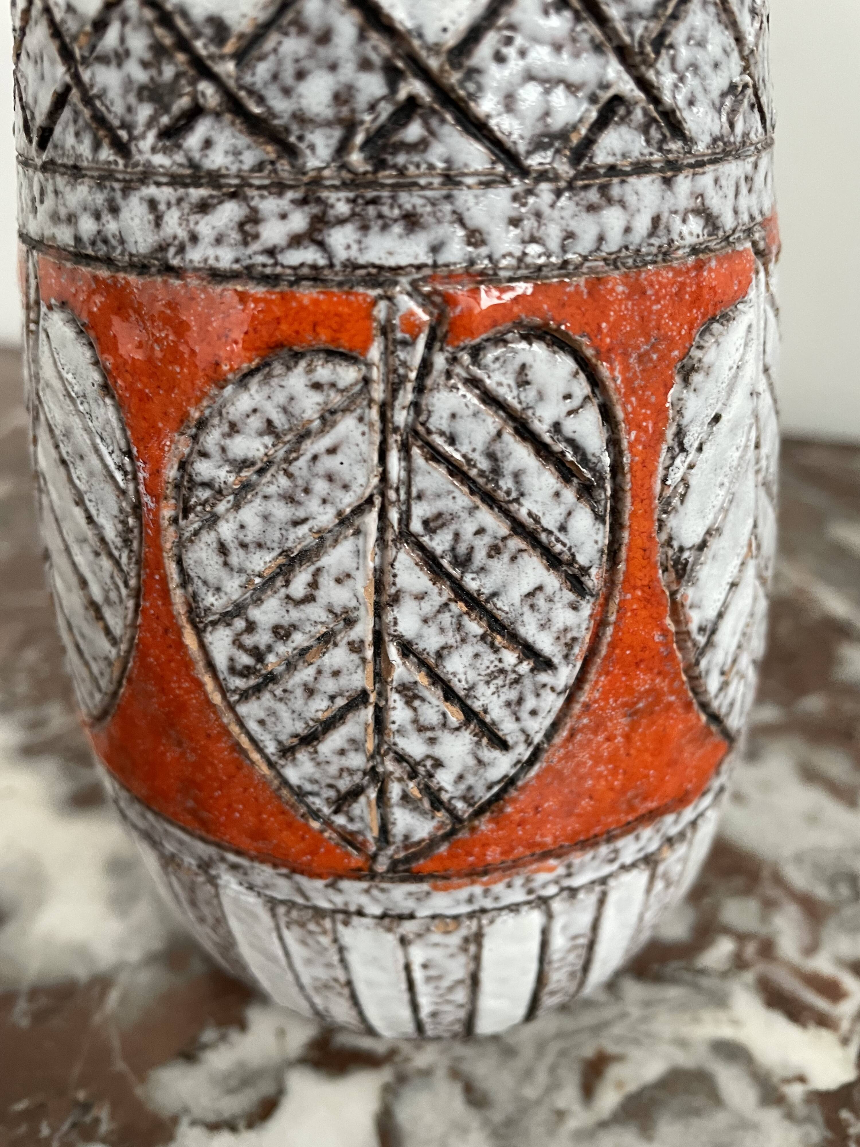 Vintage, vase, Fratelli Fanciullacci sgraffito, 50s, orange, leaf decoration, signed, numbered