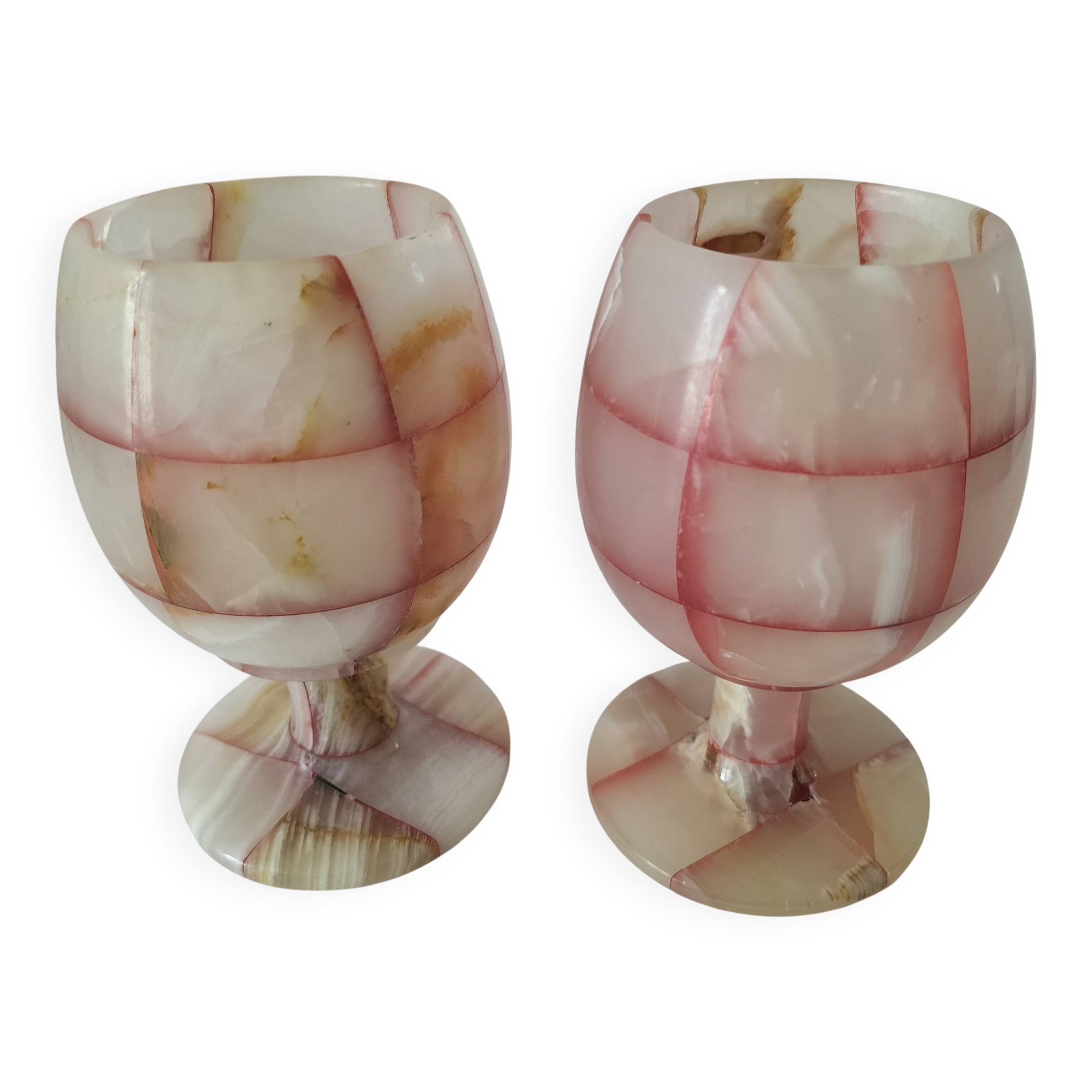 Pair of mini vases in veined pink alabaster