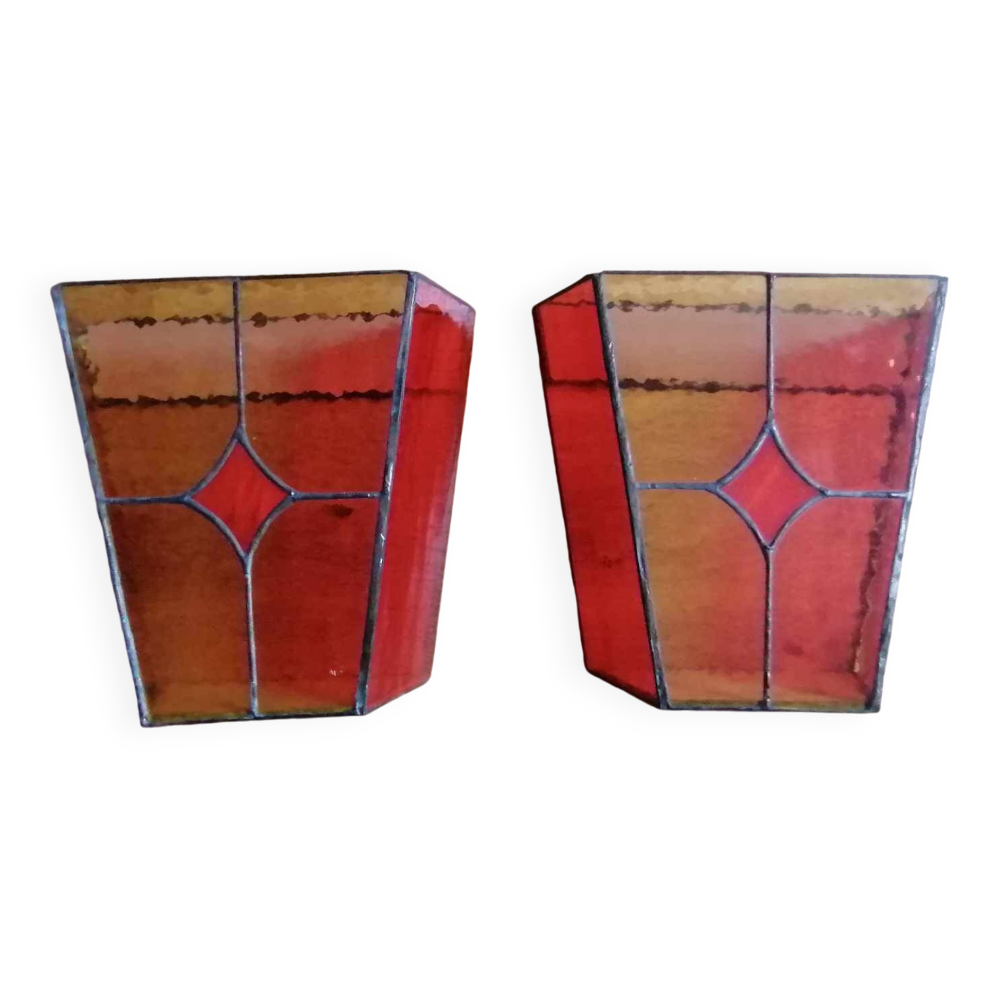 Pair of vintage stained glass and glass paste wall lights.