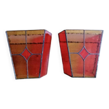 Pair of vintage stained glass and glass paste wall lights.