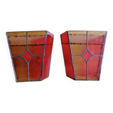 Pair of vintage stained glass and glass paste wall lights.