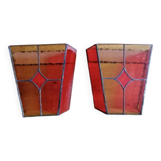 Pair of vintage stained glass and glass paste wall lights.