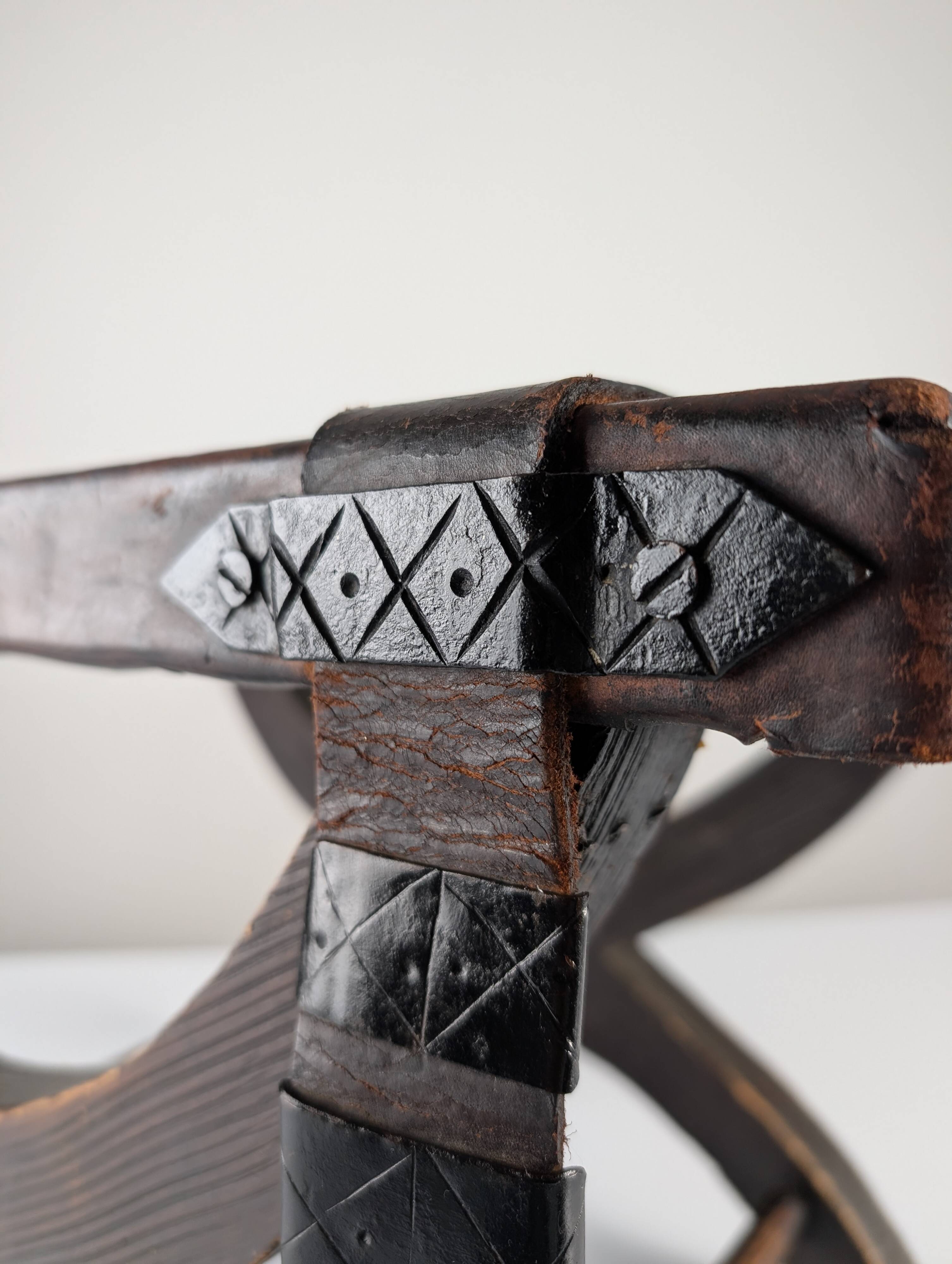 Colonial Curule Stool in Leather and Wrought Iron, Mexico, 1940s