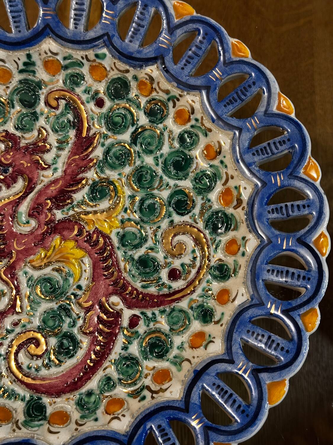 Plate / Ashtray in Massé Frères Earthenware - Relief Decoration of Dragon and F