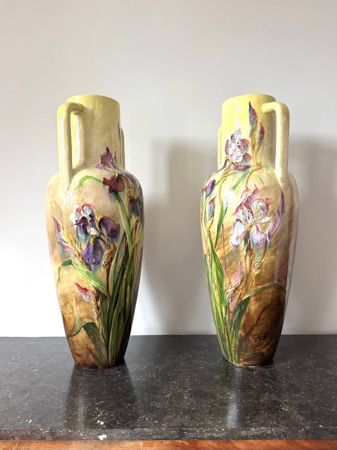 Pair of majestic Art Nouveau Vallauris vases by P. Perret