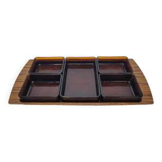 Vereco - Service A Hors D'œuvre Apéritif En Verre Trempé Ambré Vintage + Plateau