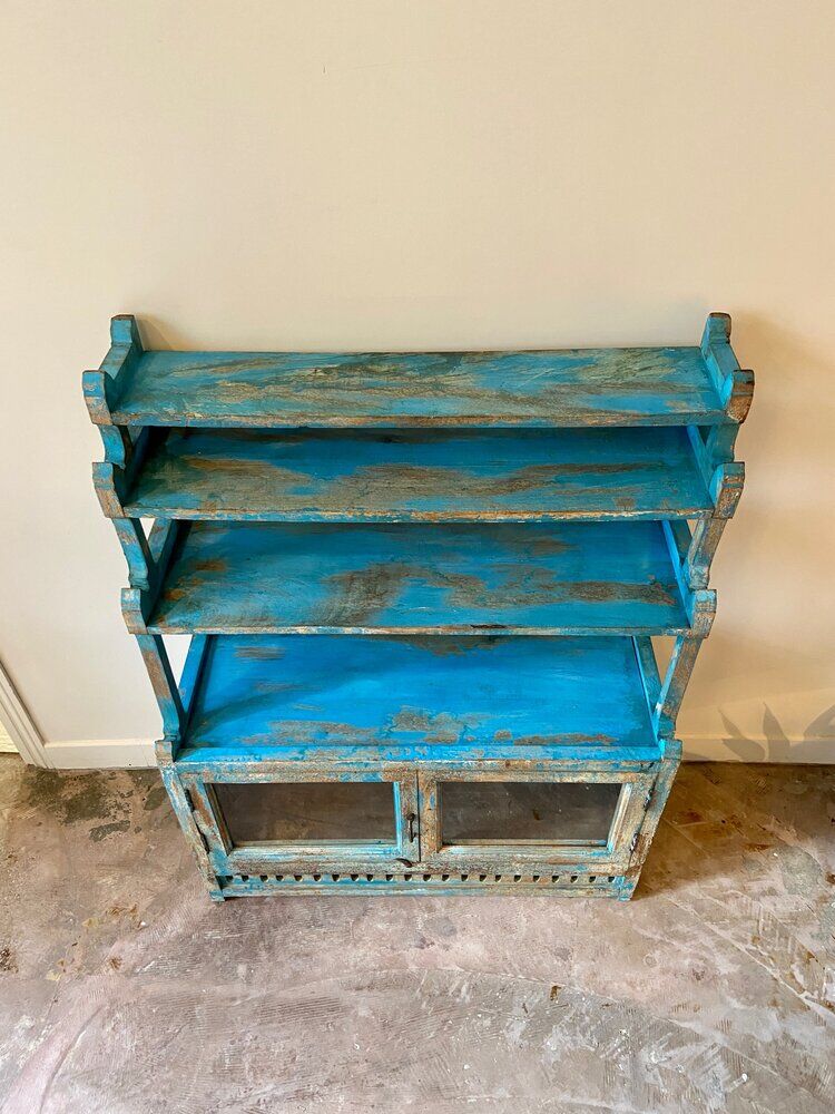 Sideboard 4 shelves and 2 glass doors in blue wood