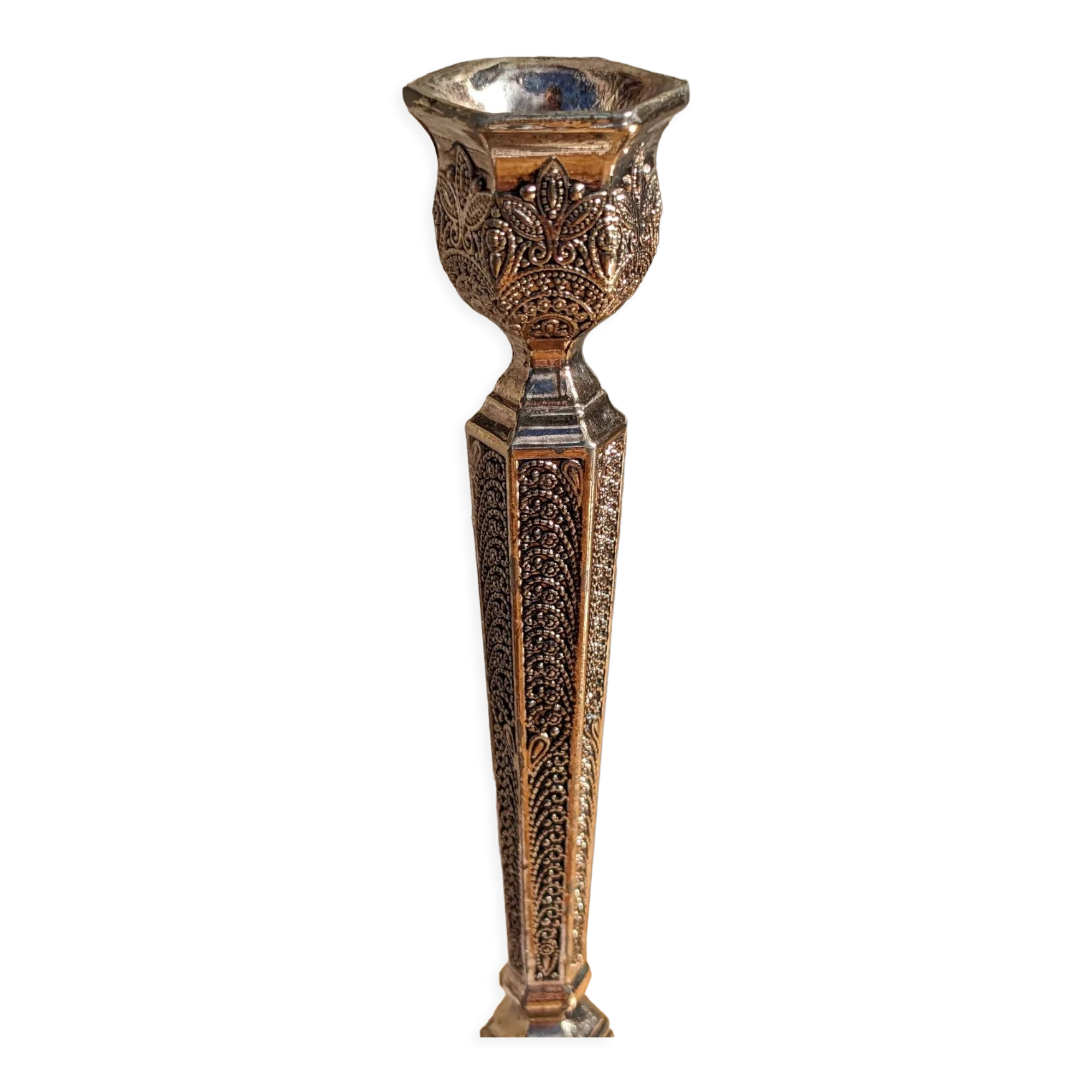 Pair of chiseled metal candle holders