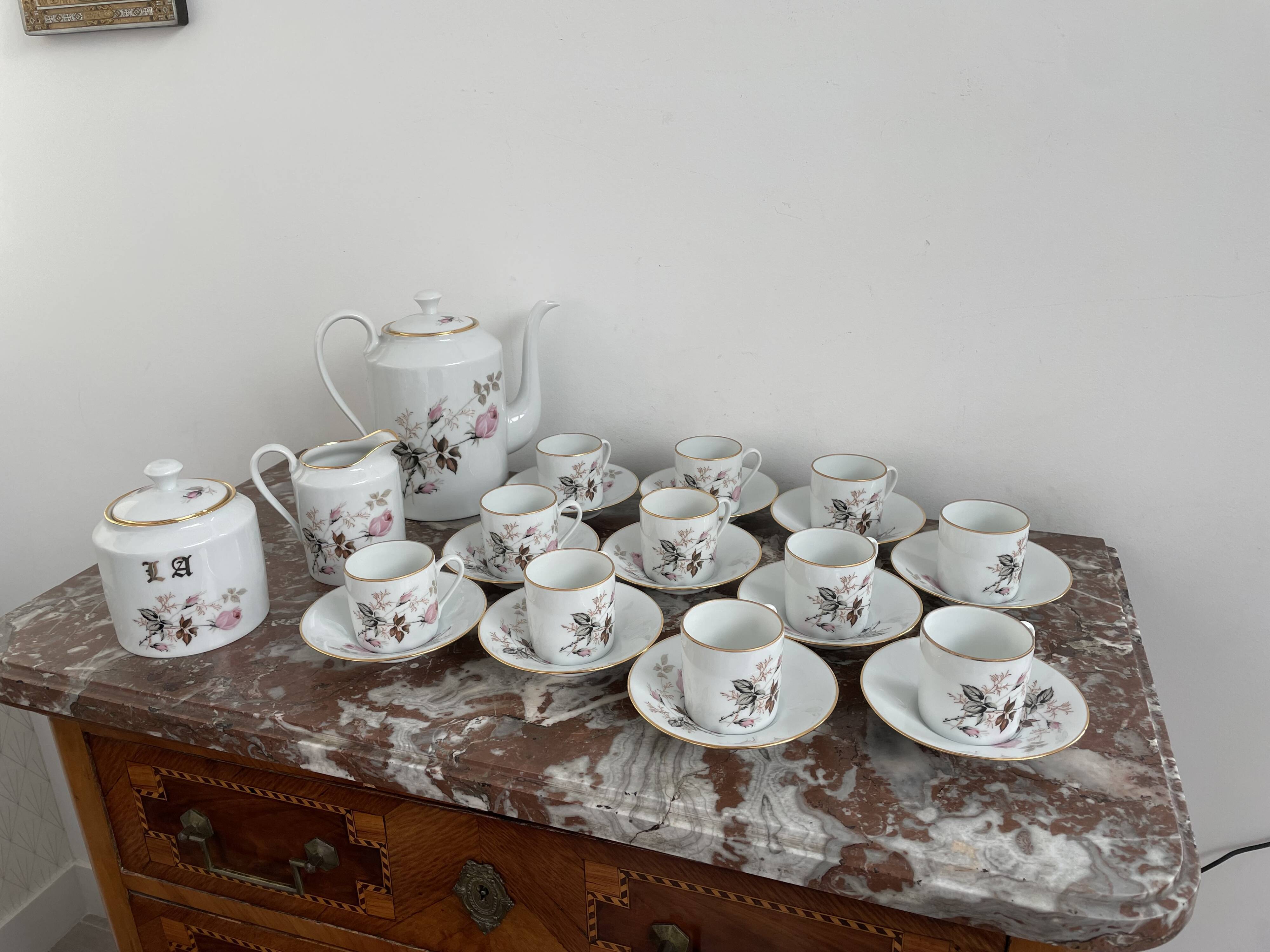 Vintage, coffee service, tea, Limoges, Flowers, cipher, 11 cups and under cups, teapot, 27 pieces
