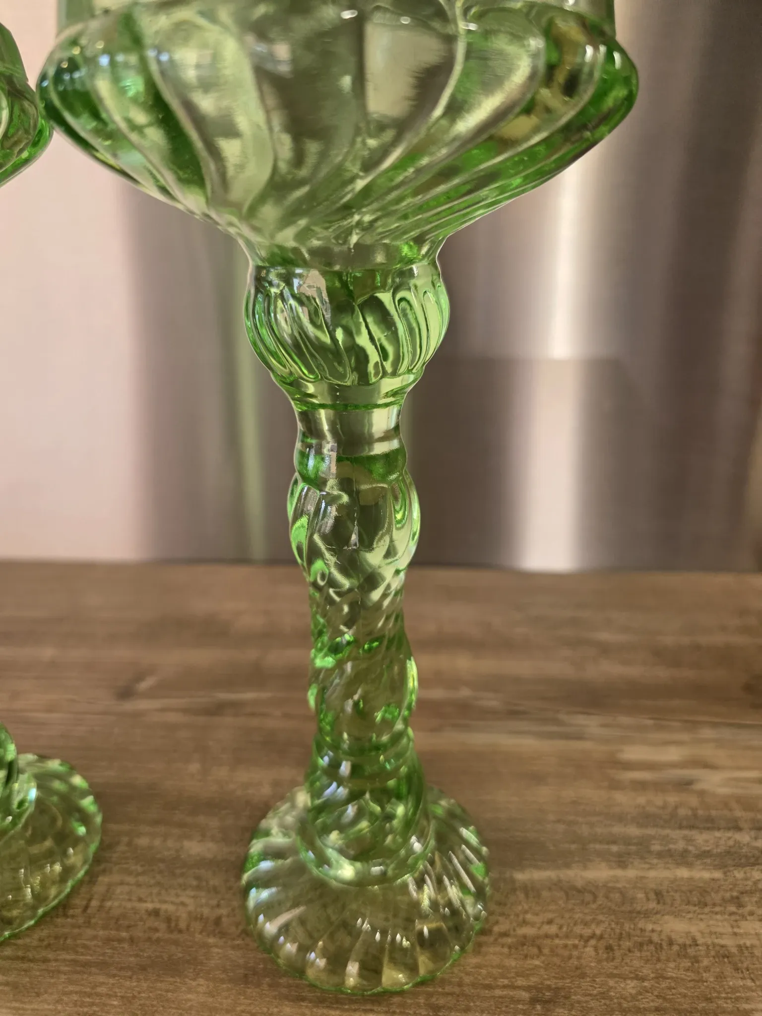 Pair of large Art Deco candlesticks / candle holders in moulded pressed glass.