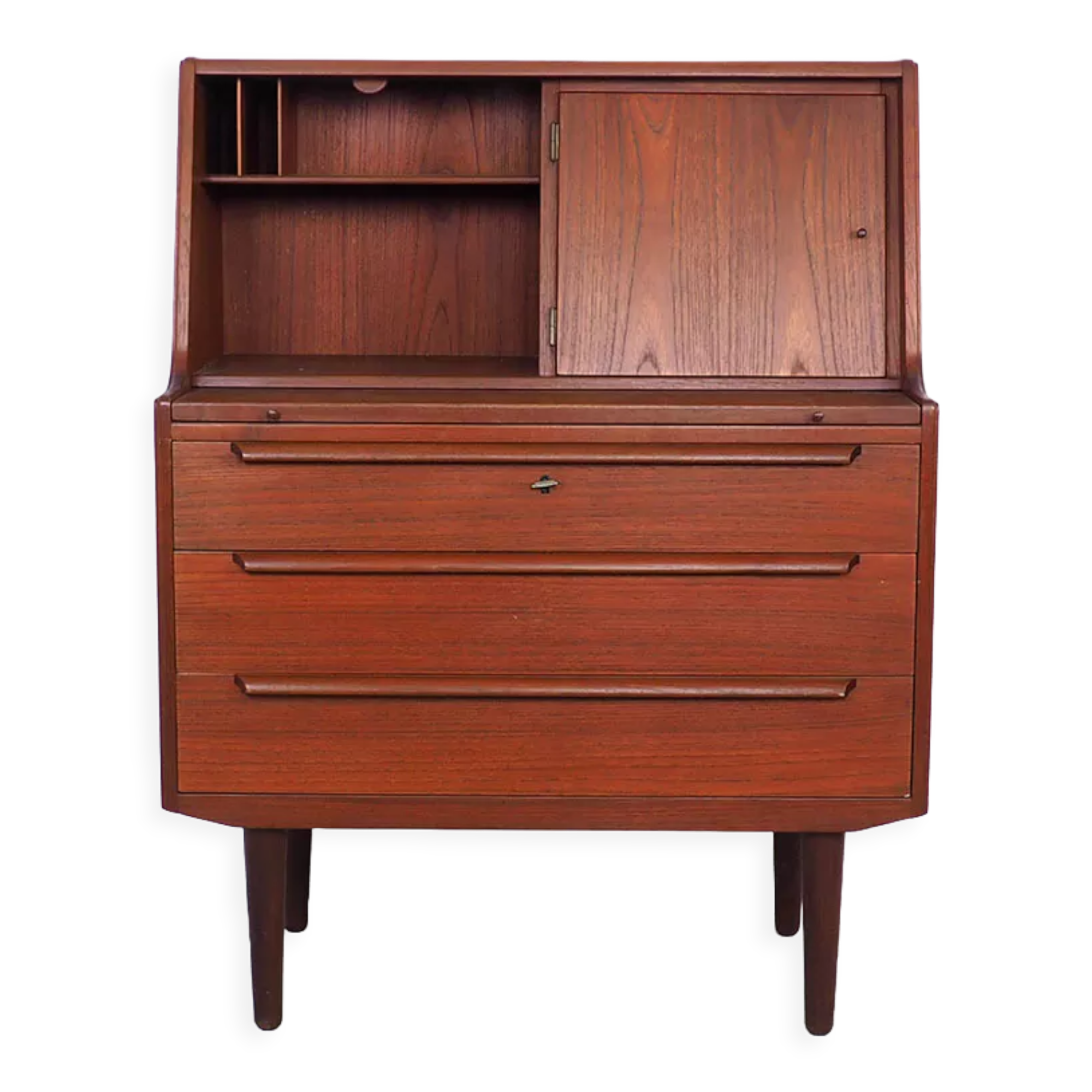 Danish teak secretaire with mirror and pull out desk, 1960s Danish teak secretaire with mirror