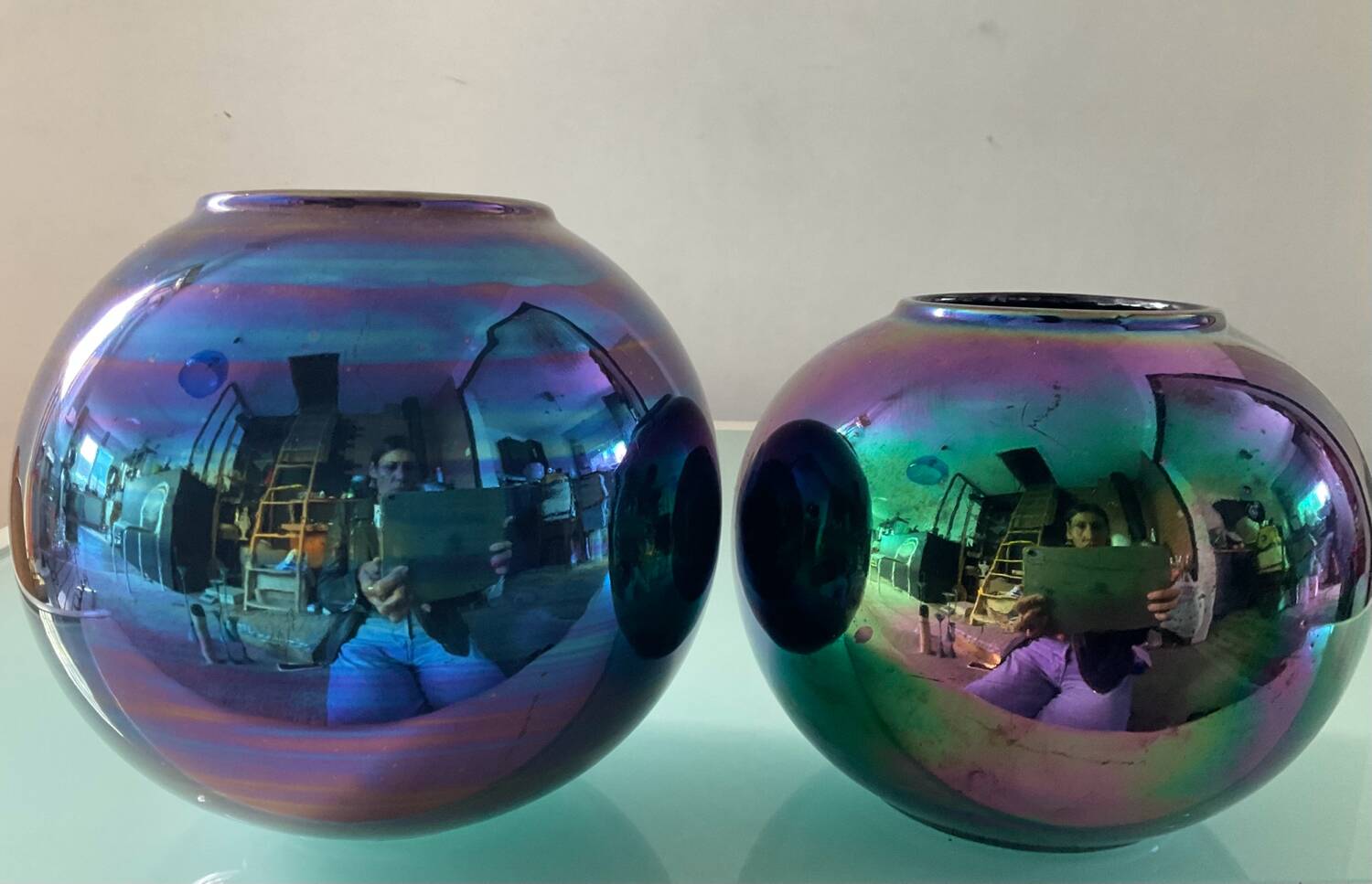 Duo of vintage iridescent ceramic vases from the 70s