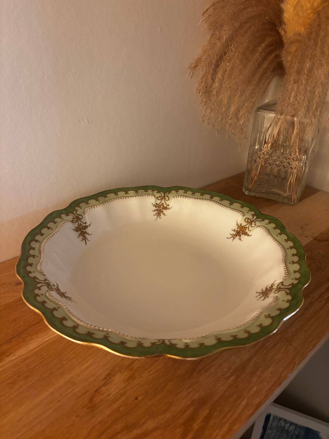 Green Limoges porcelain serving dish with gilt trim