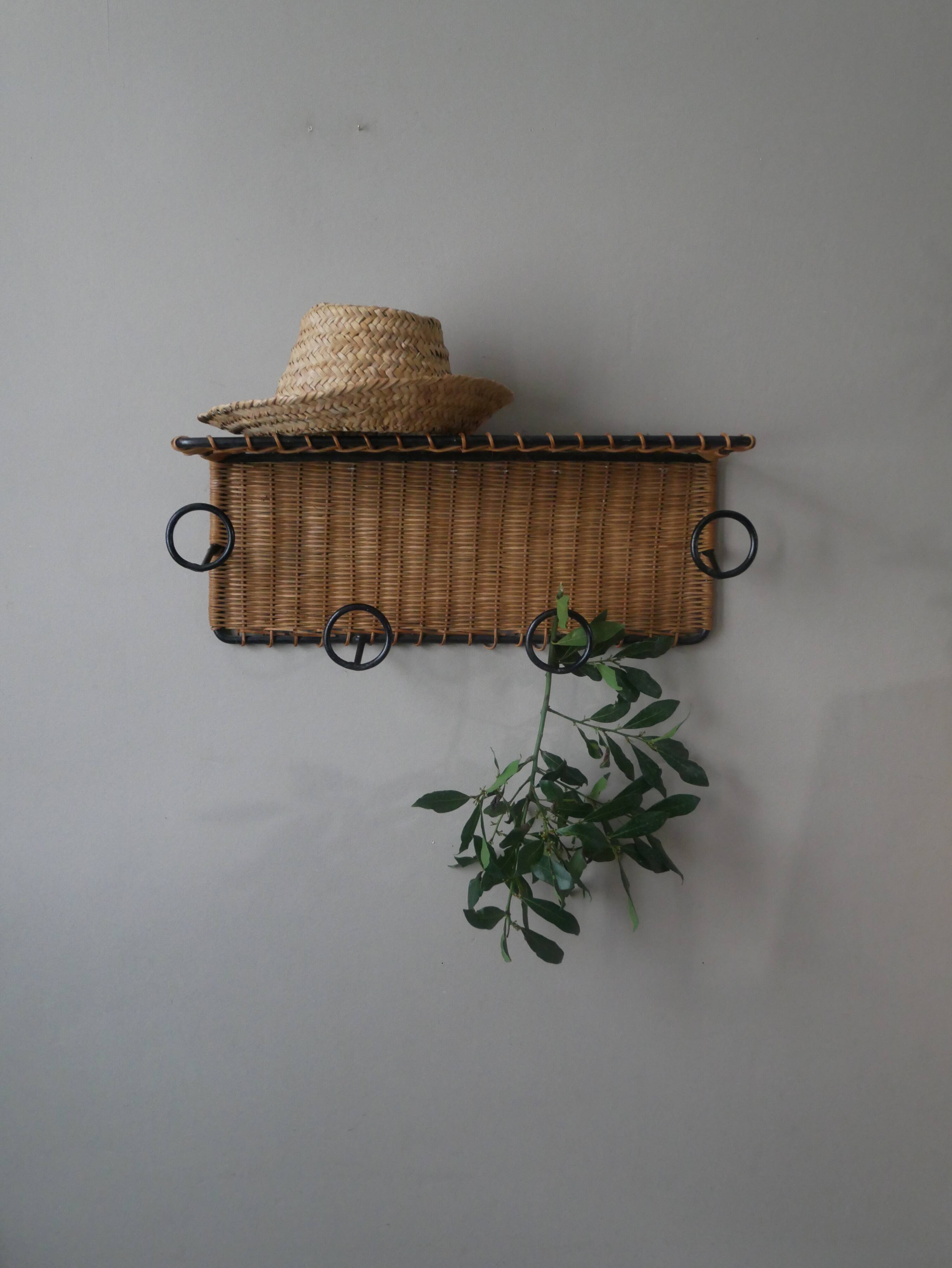 Coat rack cloakroom metal wrought iron wicker rattan handcrafted wall unit storage