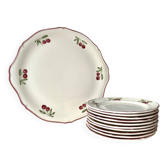 "Cherries" dessert service by Gien vintage, pie dish + 10 dessert plates, Faien ceramic