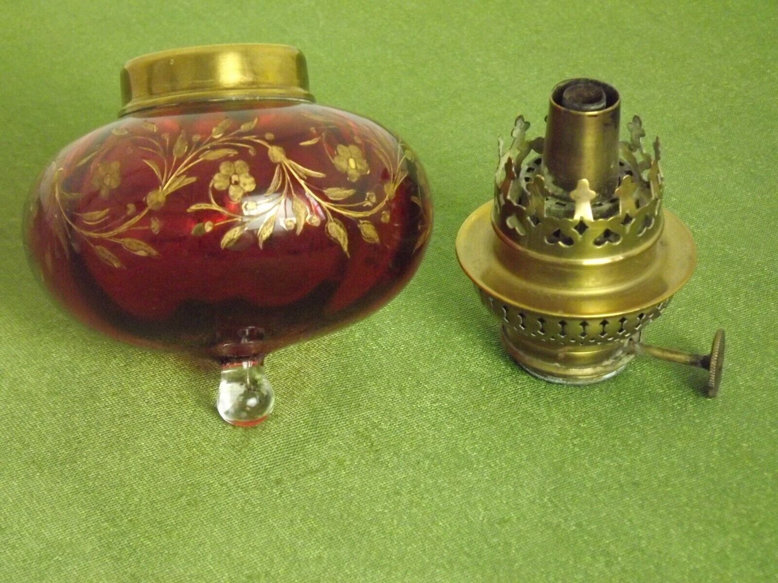 2 French Antique Cranberry Glass Oil Lantern Reservoirs Etched Gold Flowers 3984