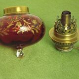 2 French Antique Cranberry Glass Oil Lantern Reservoirs Etched Gold Flowers 3984