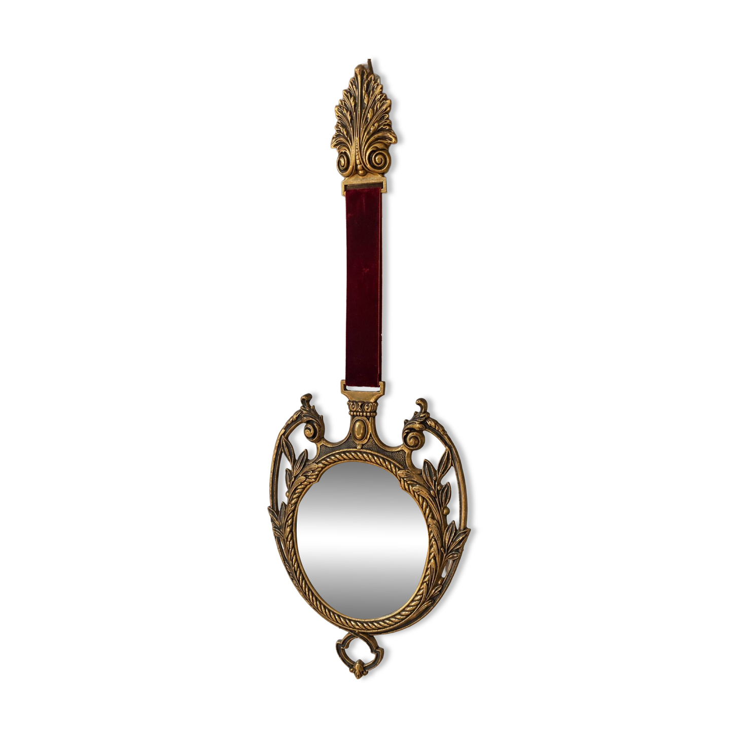 Vintage hanging mirror in gold metal and burgundy velvet – 63 × 24 cm
