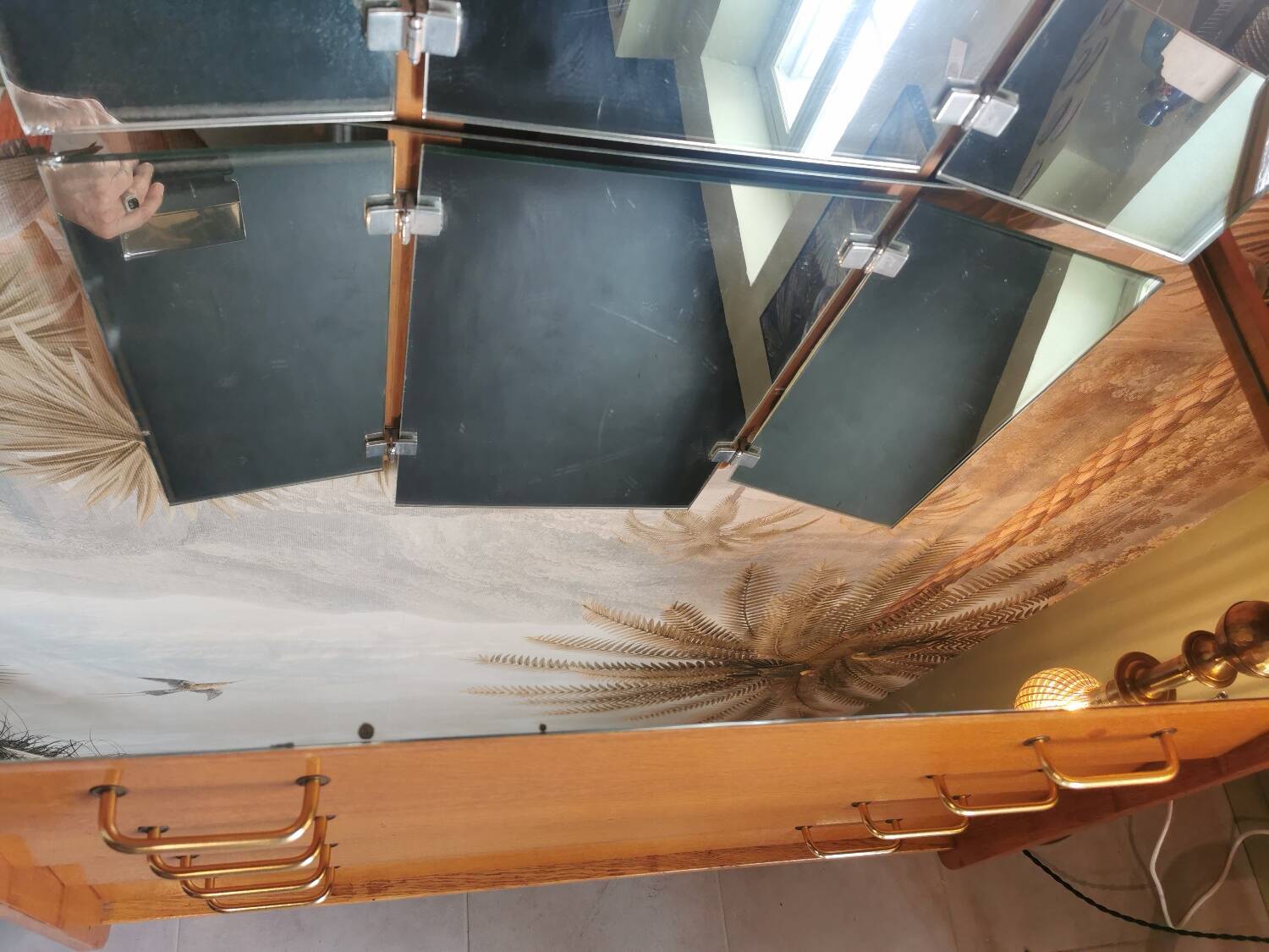 Vintage chest of drawers with compass legs and triptych mirror