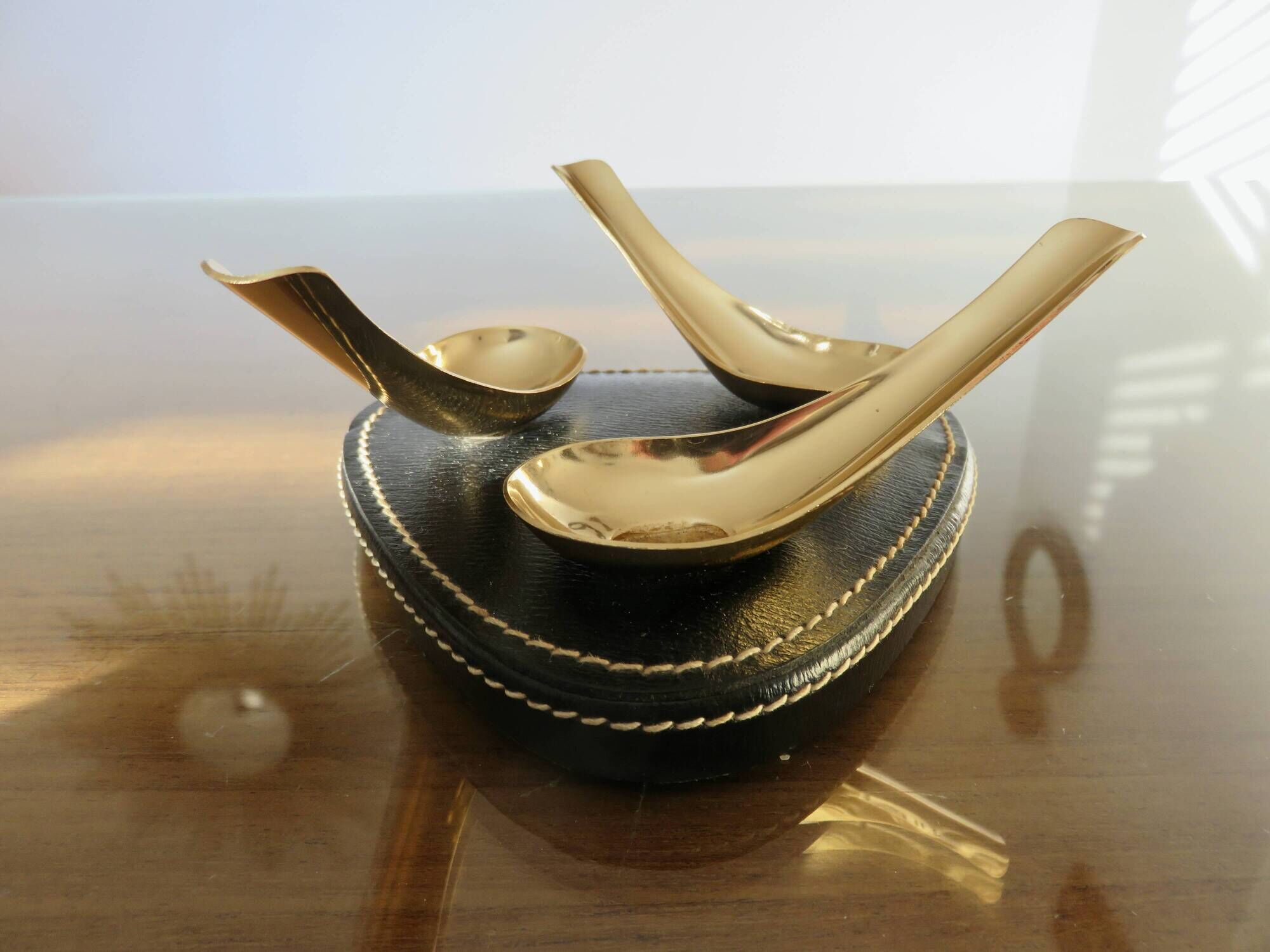 Black leather piped pipe holder with brass, Tremblay edition, Paris