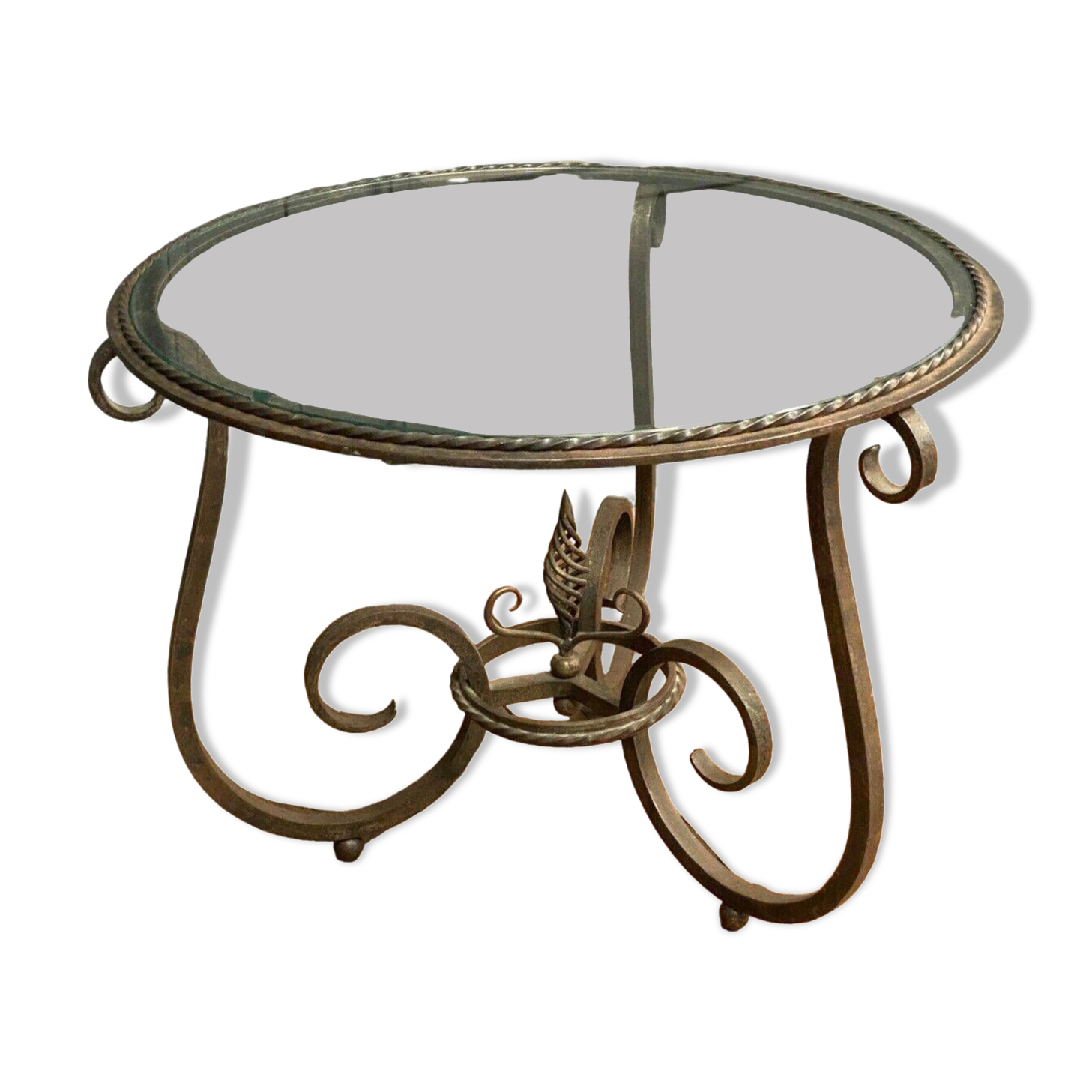 Ironwork pedestal table 1930 Art Deco glass top