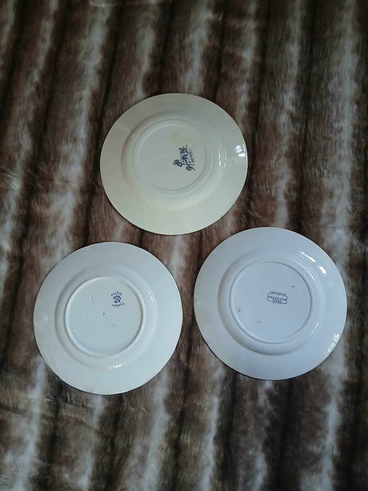 3 mismatched antique flat plates in ironstone