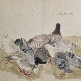 Ancient Japanese watercolour The Wood of Pigeons signed circa 1900 42x48 cm