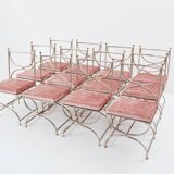 Maison Jansen rare set of 12 steel brass pink velvet chairs 1960