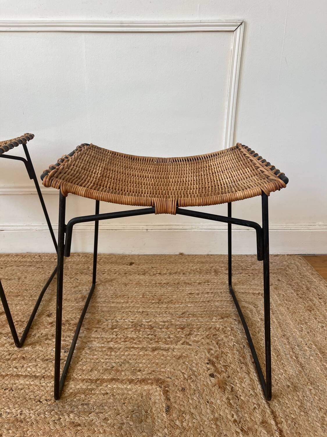 Pair of Raoul Guys stools for Airborne in wicker 1950
