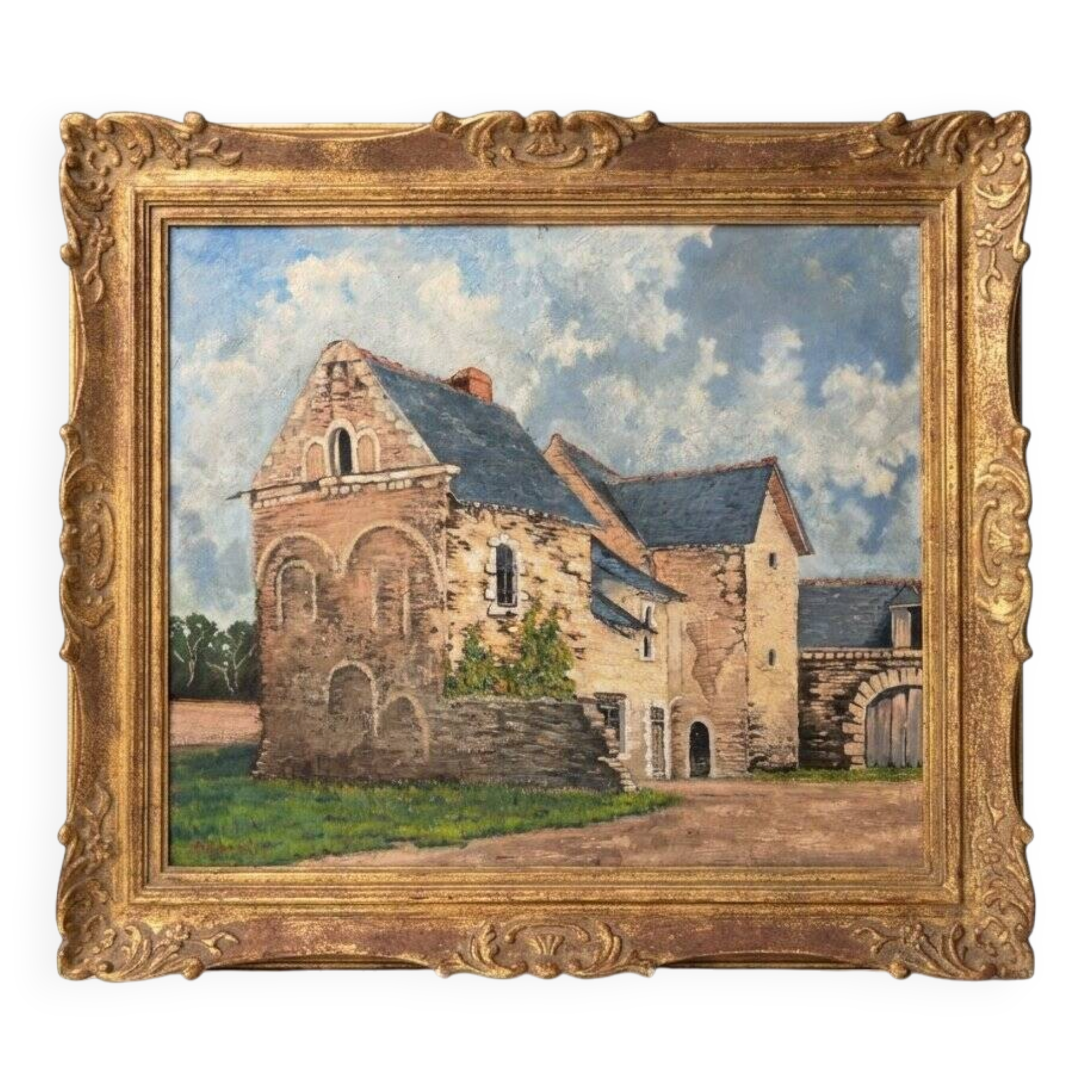 Oil painting of a Breton manor signed M. Garnier in a gilded frame - Antique