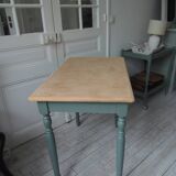 Table, desk Smoked green base, wooden top.