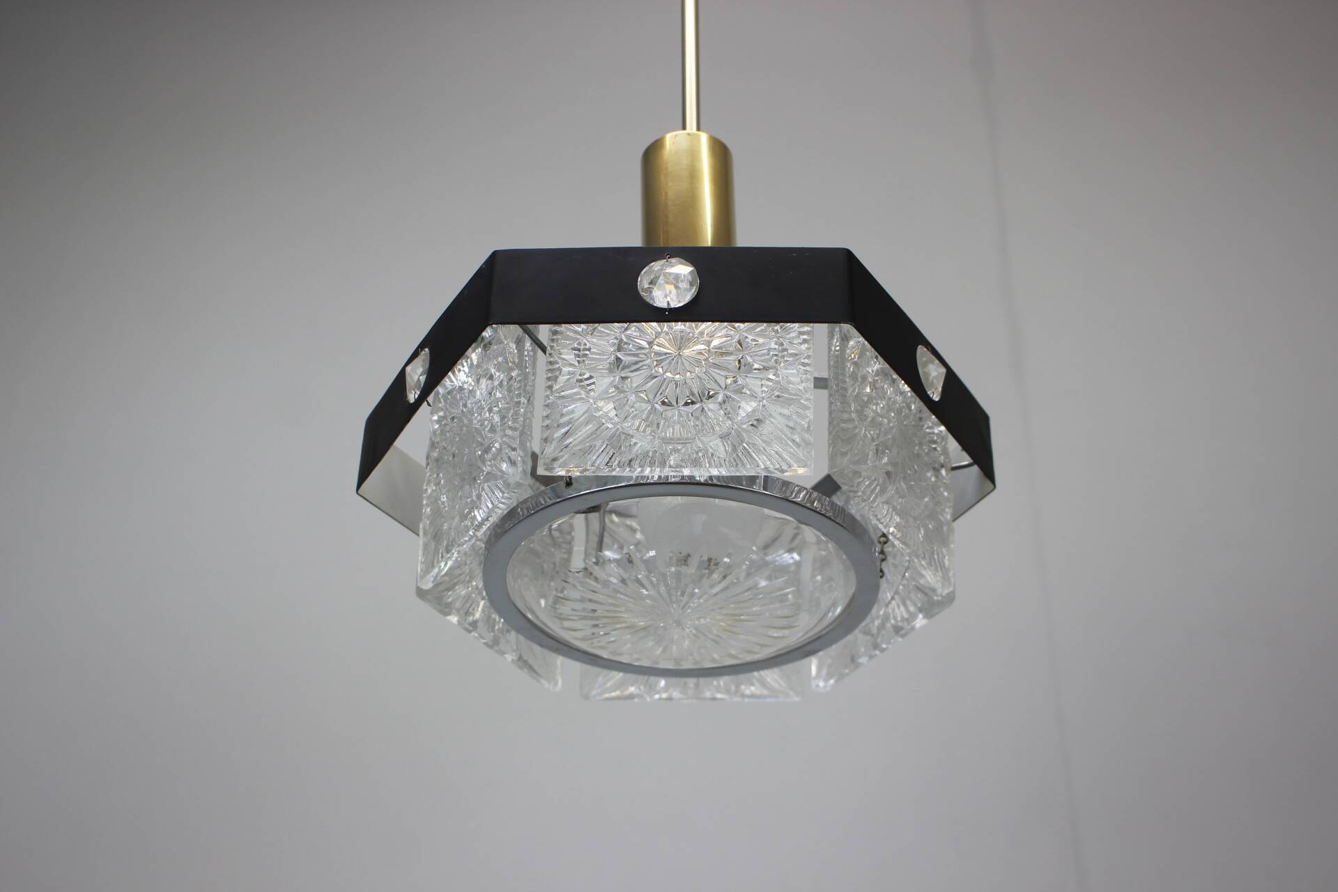 1970s Czechoslovak Kamenický Šenov Cut Glass and Chrome Pendant Light