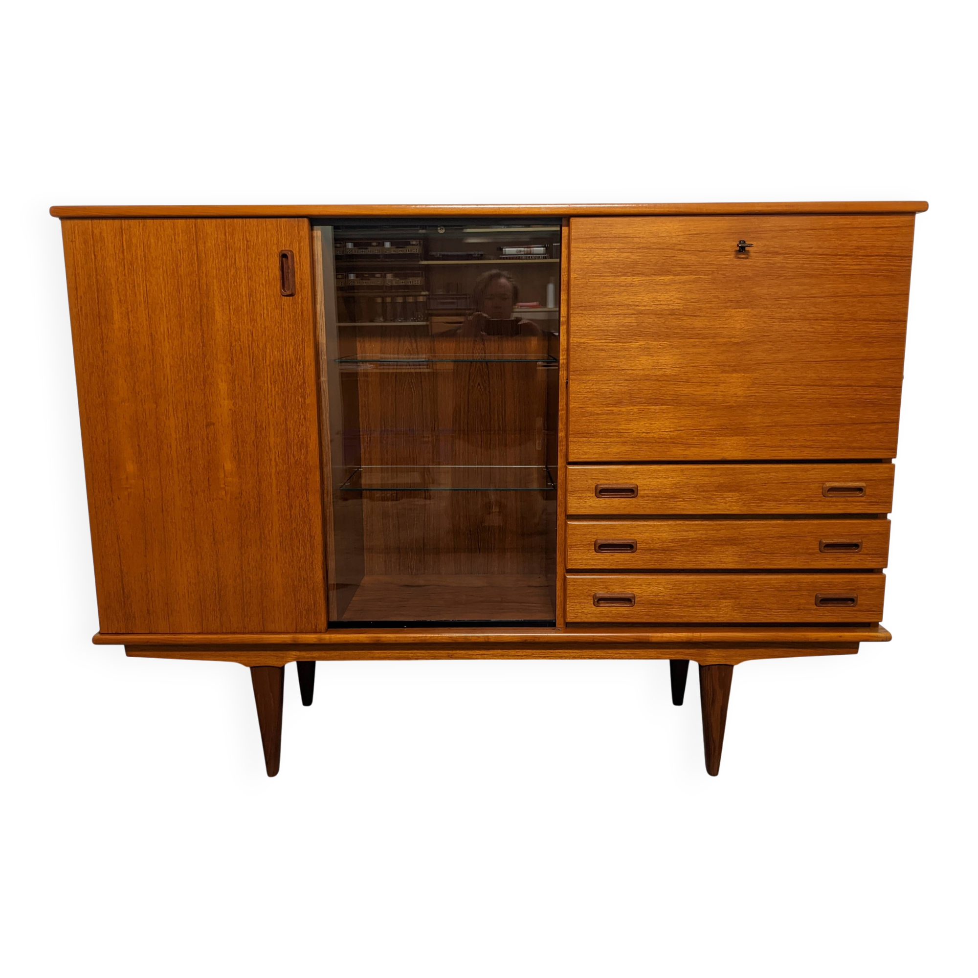 High sideboard, display cabinet and secretary, Scandinavian in teak, France around 1960.