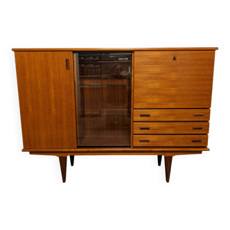 High sideboard, display cabinet and secretary, Scandinavian in teak, France around 1960.