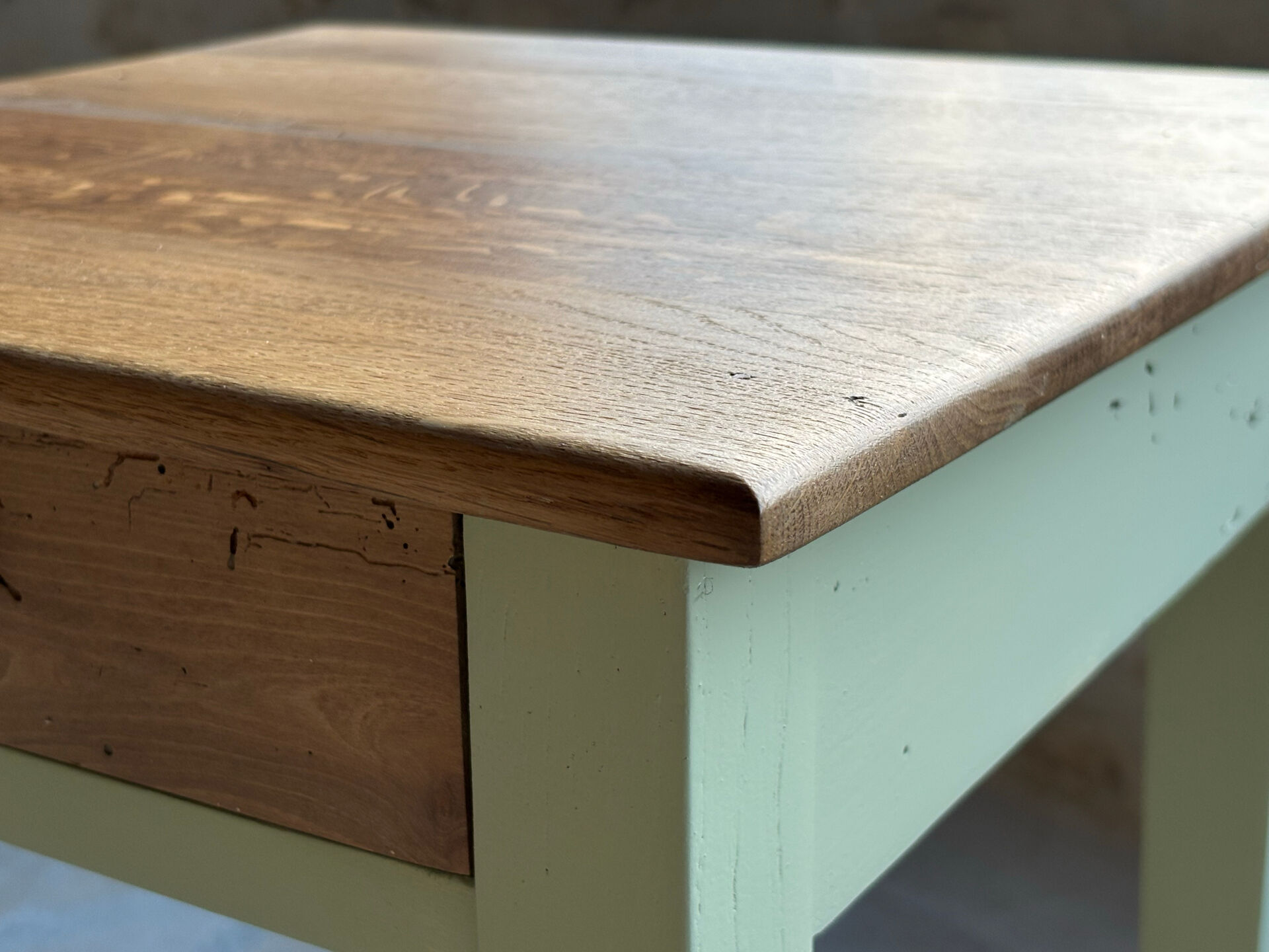 Restored antique oak bedside table - almond green and natural varnished wood