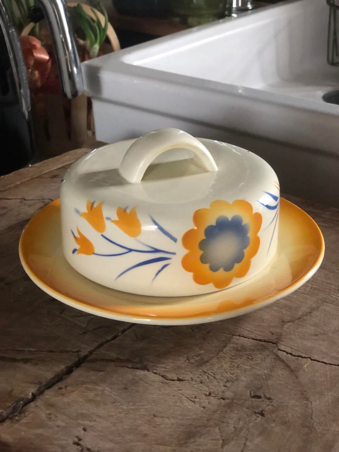 Old ceramic butter dish Deutschland Vintage yellow with flowers