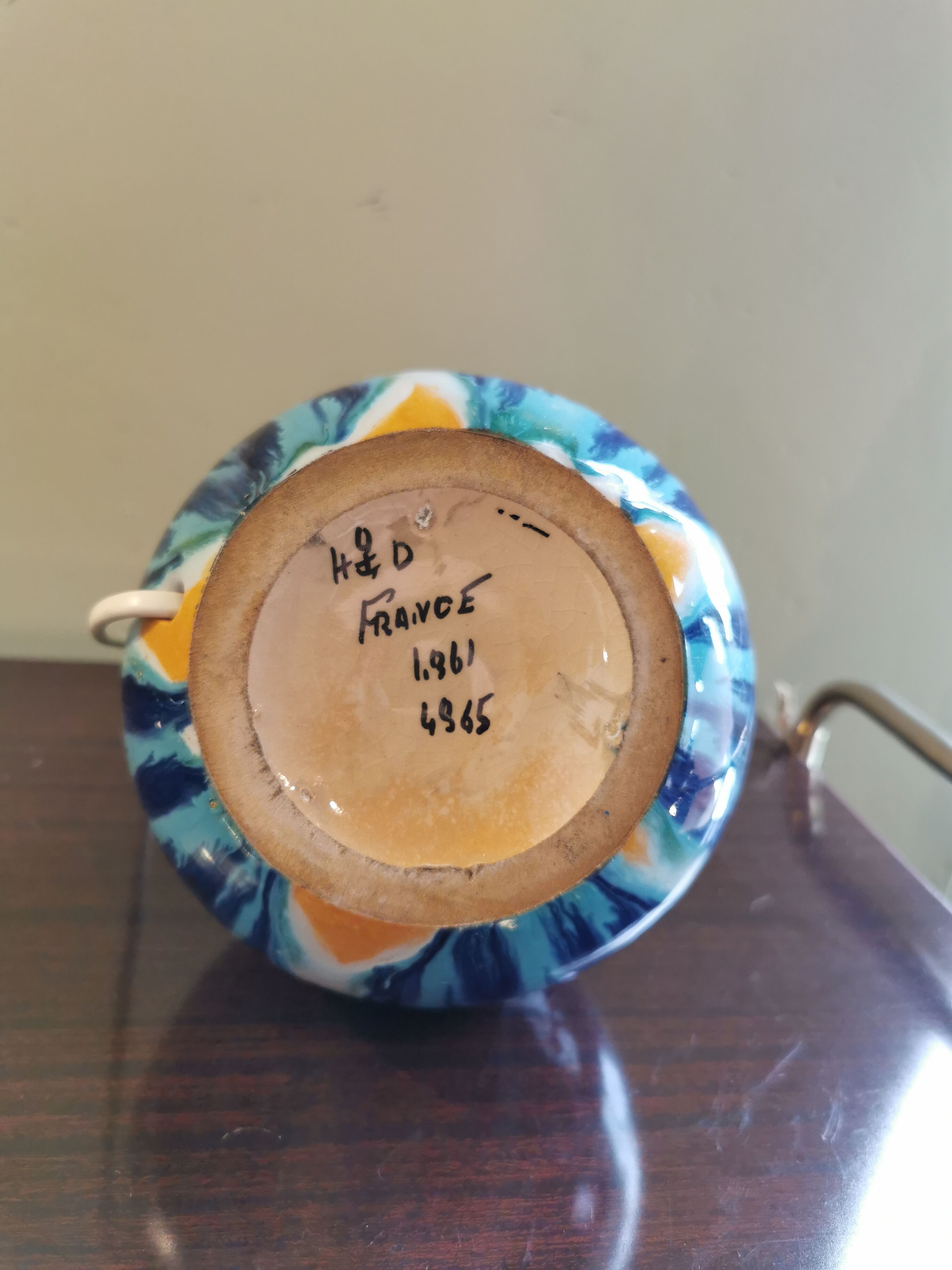 Vintage blue ceramic ball lamp signed