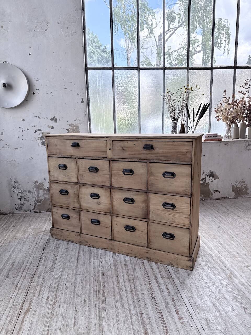 1950s pine workshop cabinet with drawers