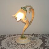 French Vintage Lamp In Cream Peach and Green With Glass Flower Petal Shade