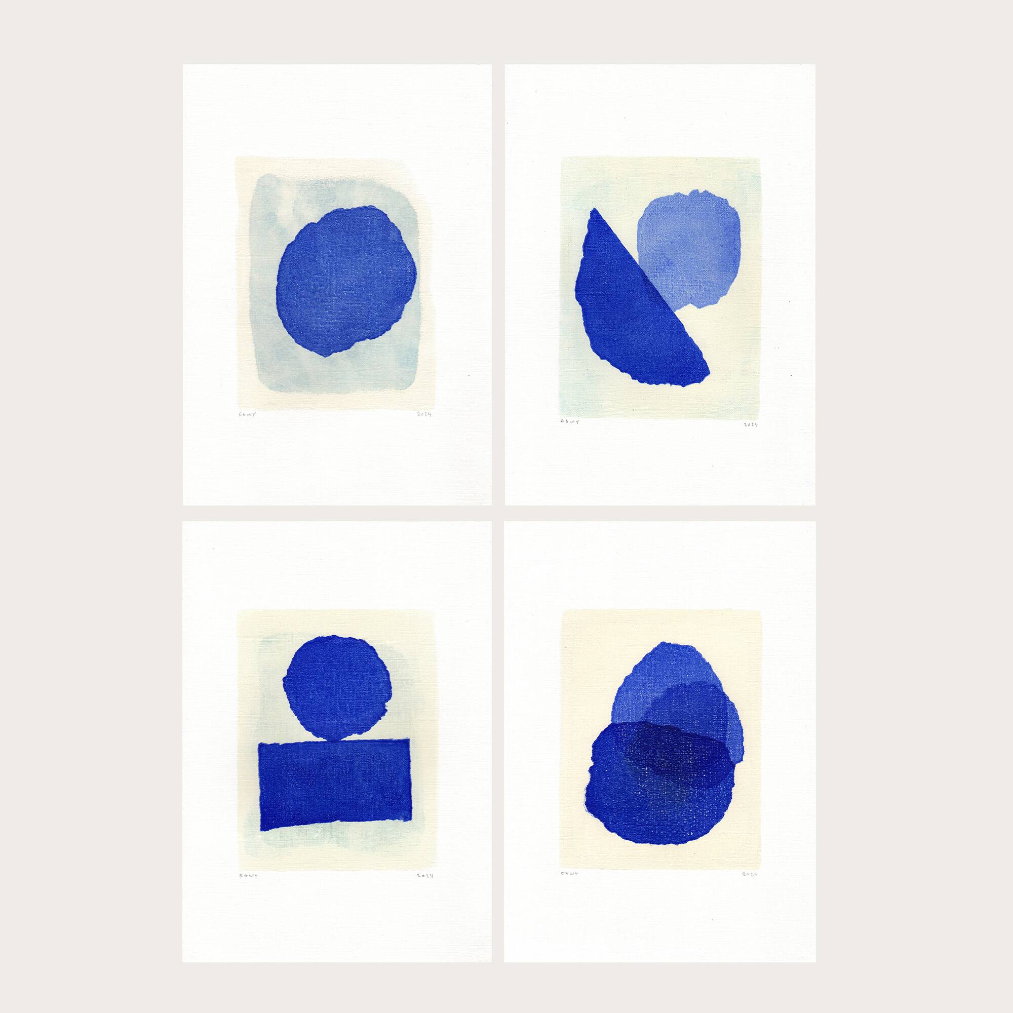 Collection of 4 abstract paintings on paper - klein blue - signed eawy