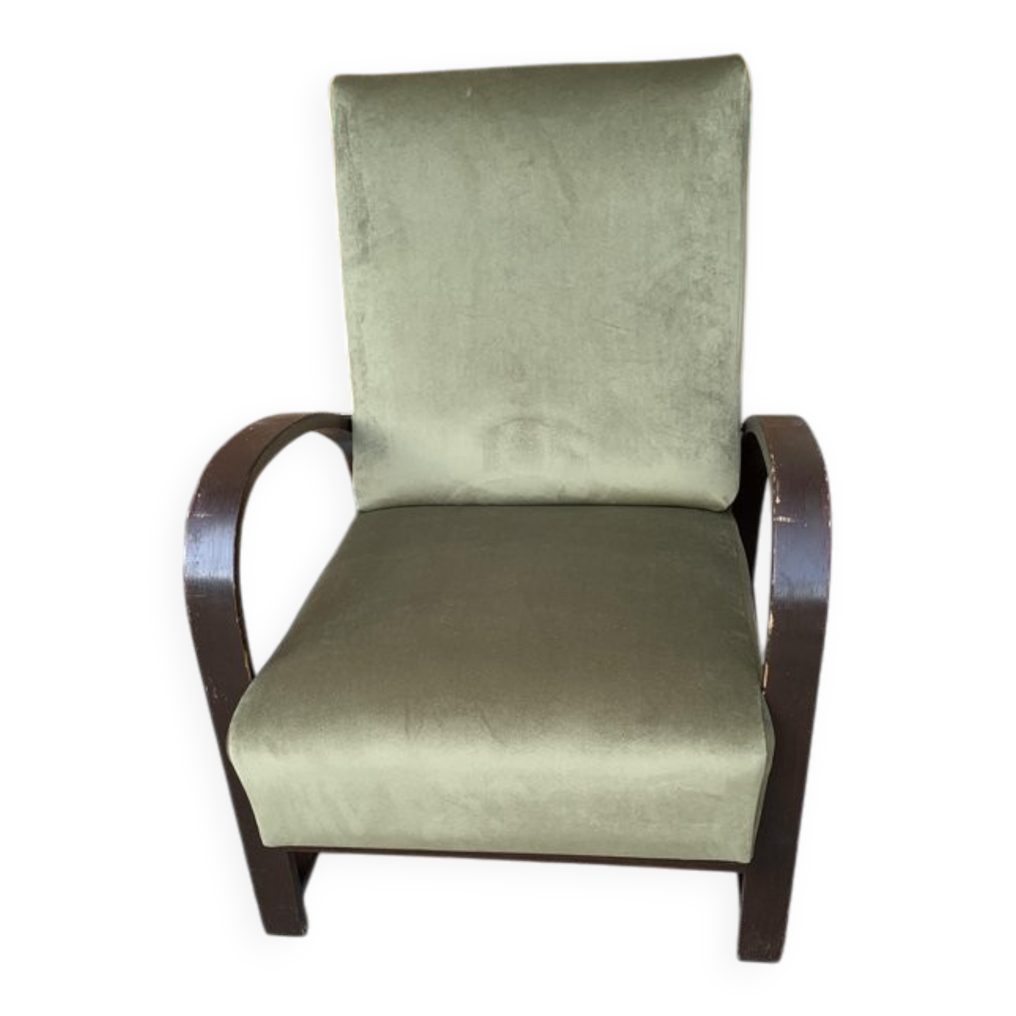 Pair of adjustable armchairs by Jindrich Halabala from the 1930s in wood and olive green velvet.