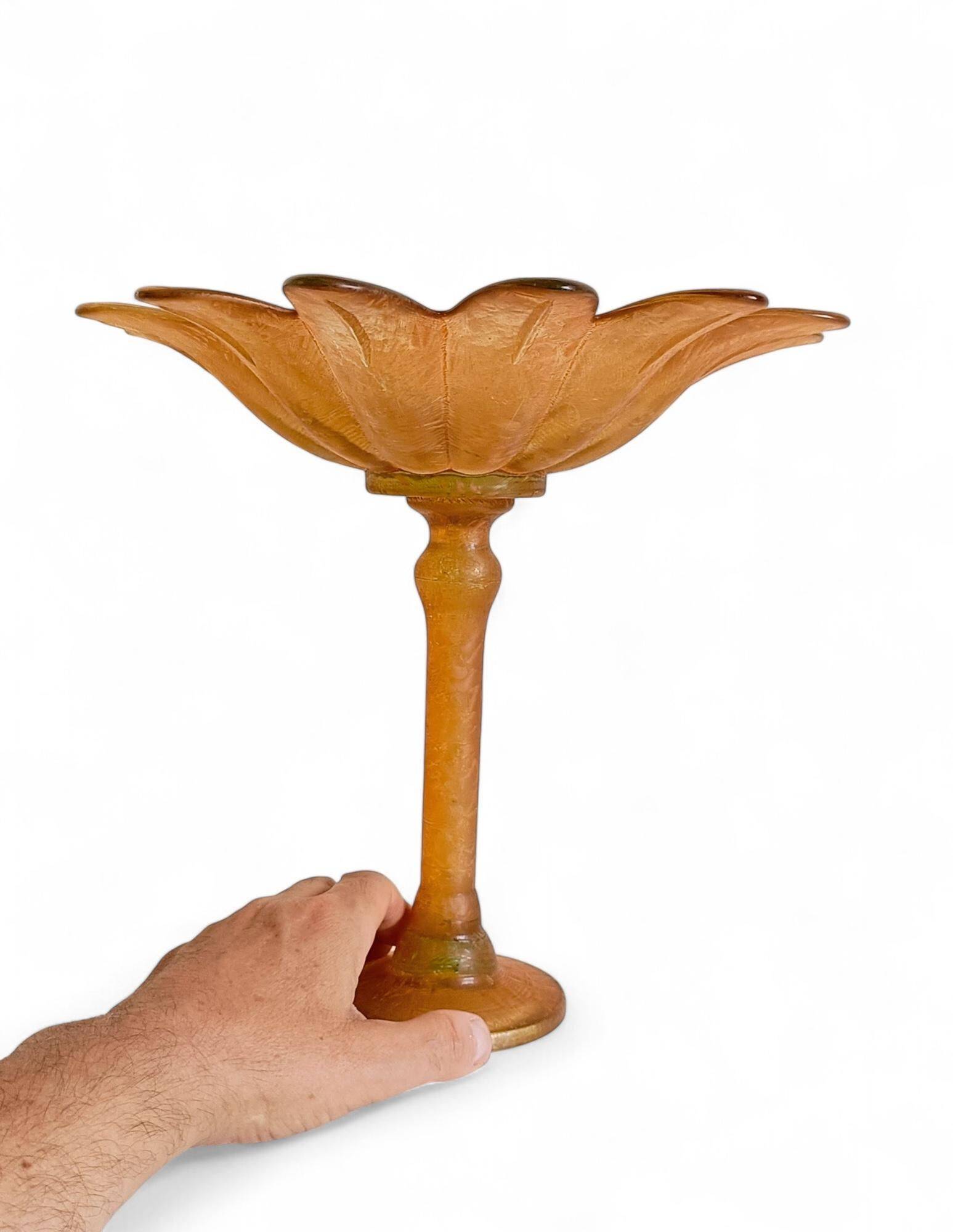 Art Nouveau Glass Compote Vase, Palm Tree Design, French, Early 20th-C