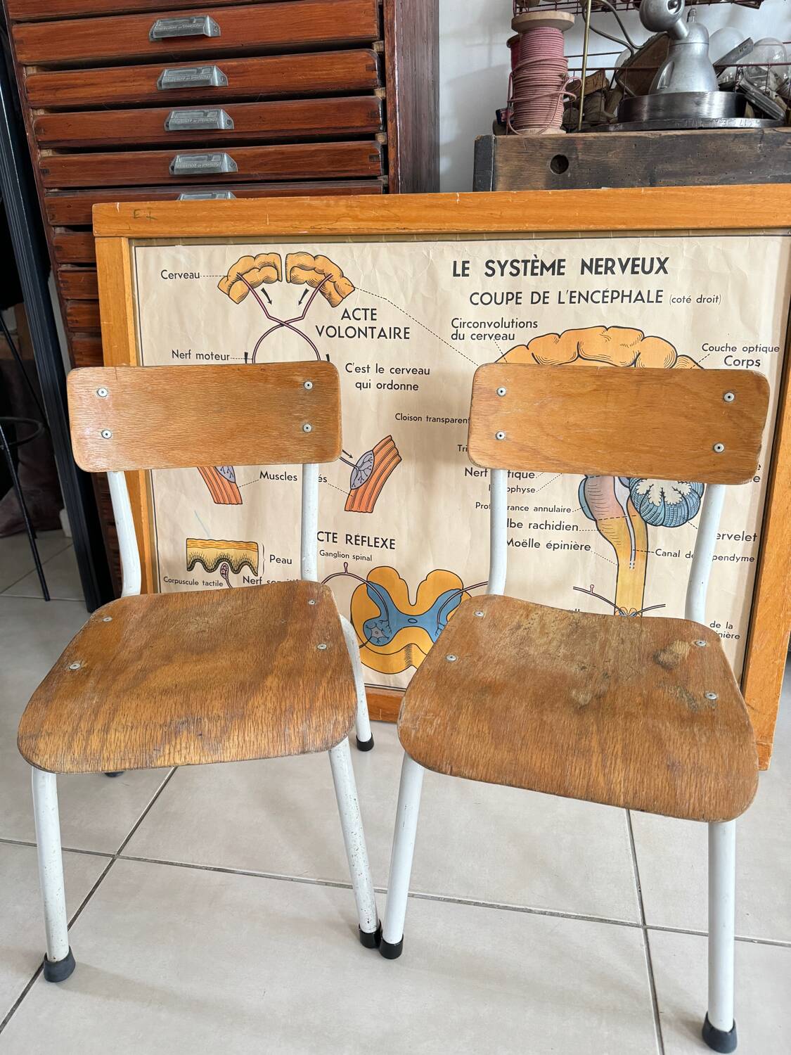 Pair of children's school chairs in wood and metal