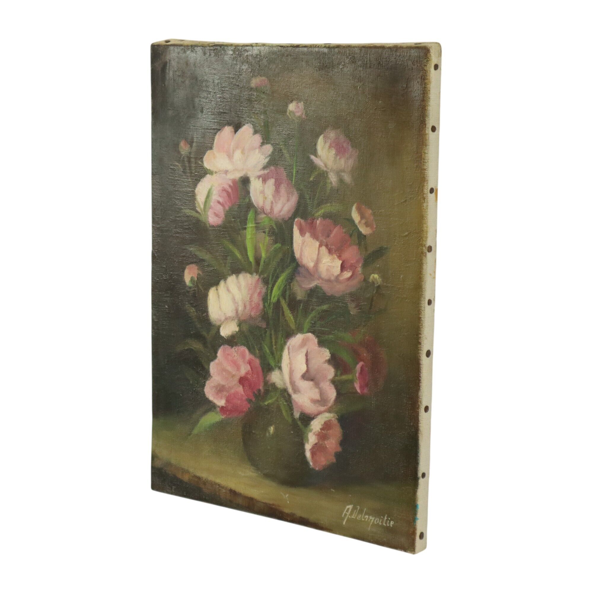 Pink Flowers Still Life Colorful Painting Signed 35x25cm