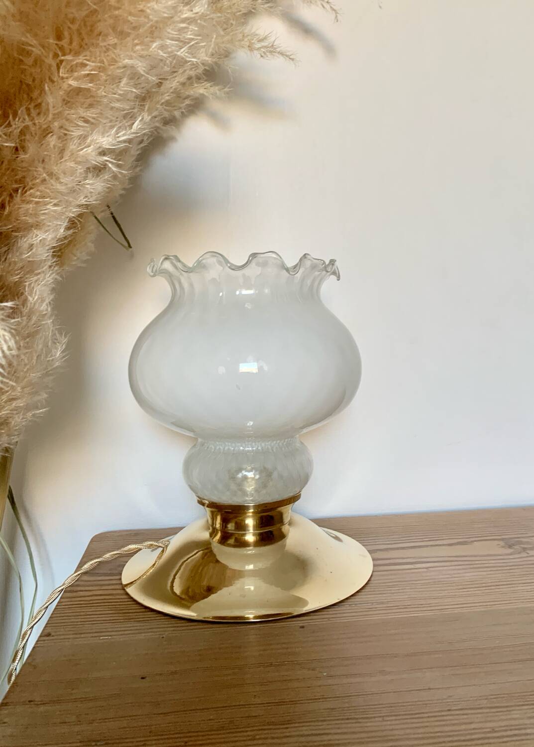 Vintage Table Lamp with White Globe and Antique Brass Base - Elegant Lighting with Braided Gold Wire