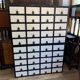 Large black and white industrial chest of drawers in pine, 40 drawers, 1950s.