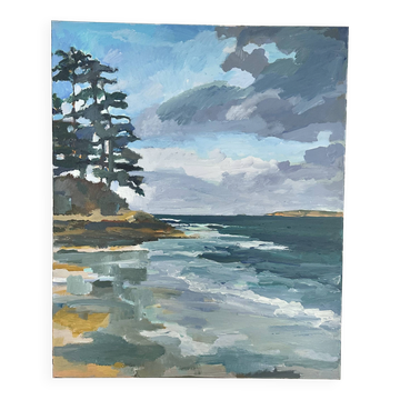 Huile sur toile côte rocheuse sous un ciel d’orage