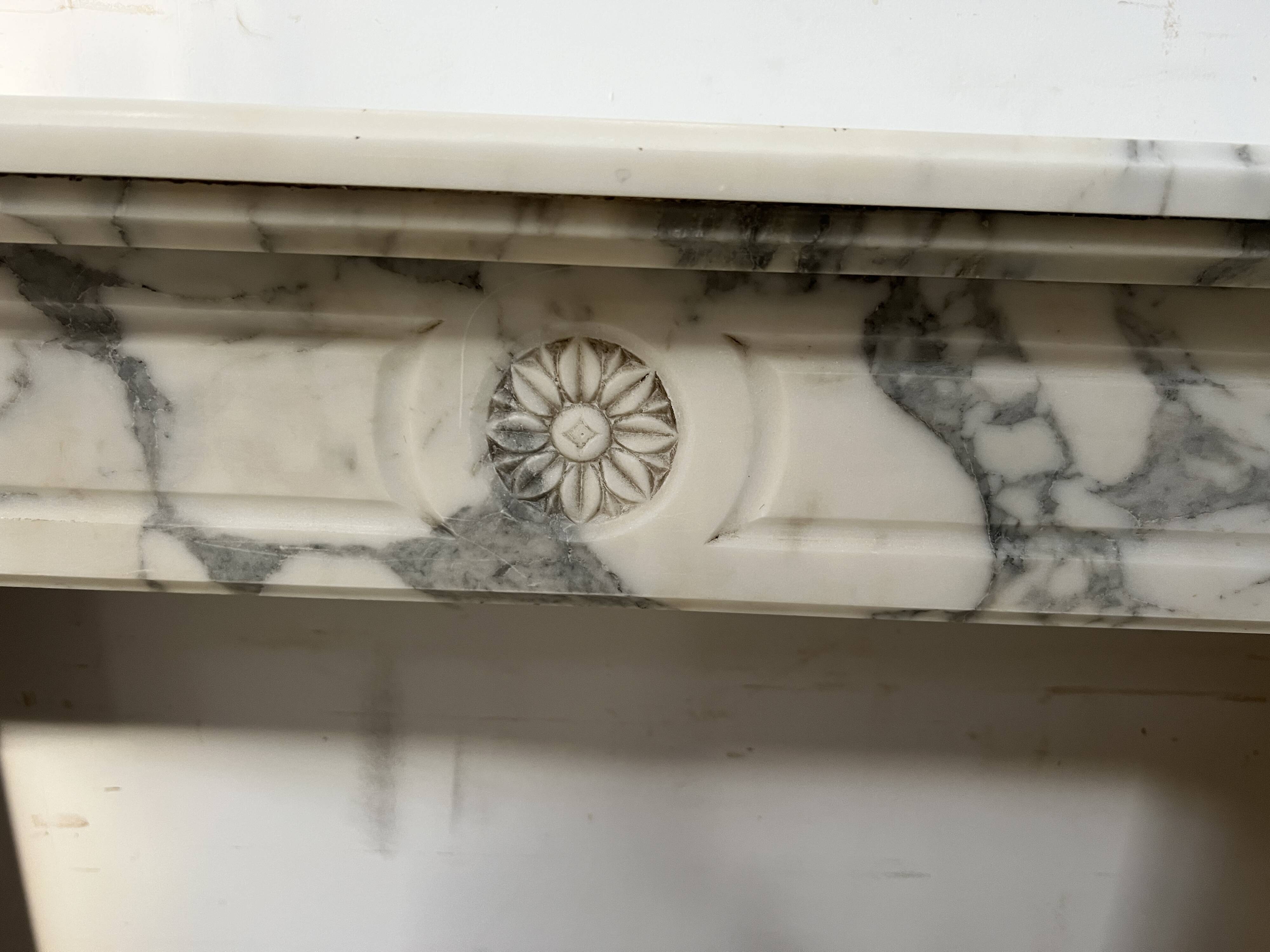 Louis XVI Style White Veined Carrara Marble Fireplace 19th Century